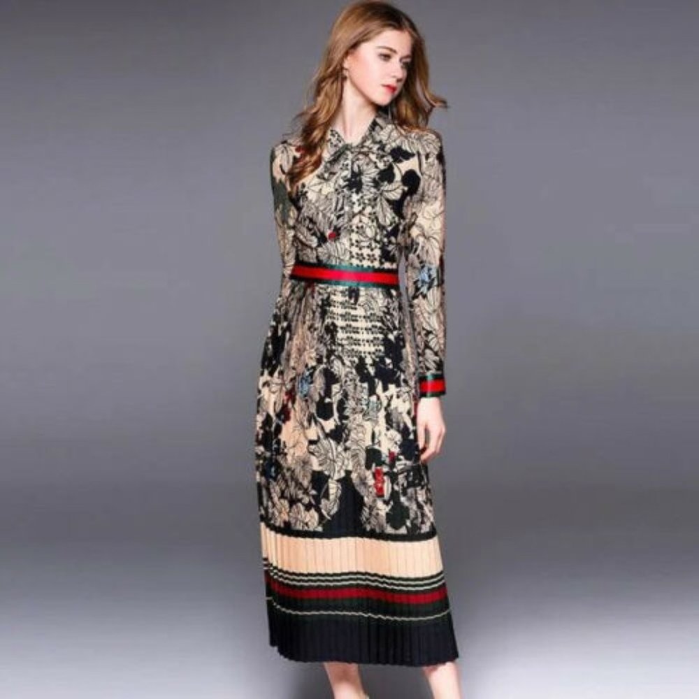 Dalia MacPhee floral green red multi pleated midi dress size M Gucci Vibes NWT